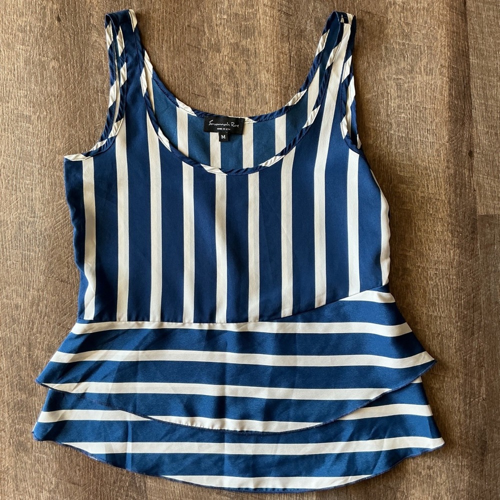 Savannah Rae Blue White Striped Tiered Peplum Tank Top Medium Made in USA
